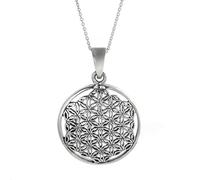 Sterling Silver Flower of Life Medallion Necklace for Women - 925 Silver Round Filigree-Style Disc Pendant on 18" Curb Chain - Sacred Geometry Jewellery - Ornate Openwork