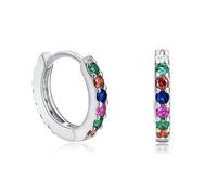 Sterling Silver Full Eternity Rainbow Paved CZ Huggie Hoop Cuff Earrings 3 Tones 9.5mm Inside Diameter Rhodium/Rose Gold / 14K Gold (Rhodium)