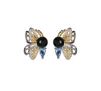Sterling Silver Gold-Plated Natural Mexican Blue Amber Stud Earrings, Delicate Shining Fashionable Butterfly Light Luxury Jewelry s