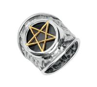Sterling Silver Gold Plated Whitby Jet Pentagram Hammered Effect Shank Ring