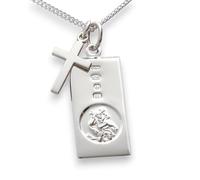 Sterling Silver Hallmarked St Christopher Rectangular Pendant 22" Necklace 27mm x 14mm with Cross Pendant