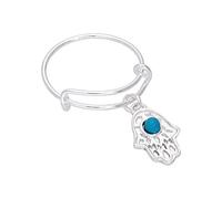 Sterling Silver Hamsa Hand Blue Bead Drop Adjustable Ring