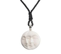 Sterling Silver Hand-Carved Bone Sleeping Moon Face Amulet Necklace - Full and Crescent Moon Phase Pendant on Cord - Mystical Talisman for Men - Natural Celestial Jewellery for Women