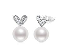 Sterling Silver Heart Earrings for Women Ladies, Simulated Shell Pearl with Cubic Zirconia Earings, White Gold Plated Hypoallergenic Jewellery Gifts for Her