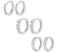 Sterling Silver Hoop Earrings for Women - 3 Pairs Silver Small Huggie Hoop Earrings Set | Hypoallergenic Cubic Zirconia Daisy Hoops Earring Jewellery Gifts for Men Tees Girls, 8/10/12mm