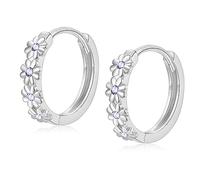 Sterling Silver Hoop Earrings for Women, Dainty Small Huggie Daisy Hoop Earrings | Hypoallergenic Purple Cubic Zirconia Flower Hoops Earring Jewellery Gift for Ladies Girls Birthday Wedding, 12mm Hoop