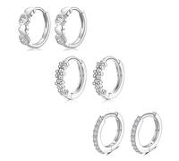 Sterling Silver Hoop Earrings Set for Women, 3 Pairs Small Huggie Hoop Earrings | Hypoallergenic Flower Cubic Zirconia Heart Hoops Earring Jewelry for Men Girls, (10mm*3)