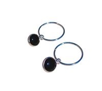 Sterling Silver Hoop Earrings with Cabochon Black Onyx Round Charm, Black, 16mm Hoops, Pair