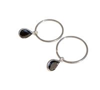 Sterling Silver Hoop Earrings with Faceted Black Onyx Teardrop Charm, black, 16mm Hoops, Pair
