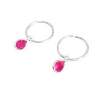 Sterling Silver Hoop Earrings with Faceted Ruby Teardrop Charm, red, 16mm Hoops, Pair