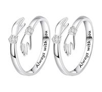 Sterling Silver Hug Ring for Women Engraved Words Rings, Adjustable Hugging Hands Open Ring Symbol of Love,Perfect for Daughters Mom Sister Wife Friends Mother's Day, Birthday, or Friendship Gift 2Pcs