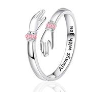 Sterling Silver Hug Ring for Women Engraved Words Rings, Adjustable Hugging Hands Open Ring Symbol of Love,for Daughters Mom Sister Wife Friends Mother's Day, Birthday, or Friendship Gift (Pink)
