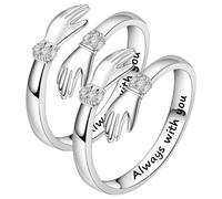 Sterling Silver Hug Rings for Women, Hugging Hands Adjustable Open Ring Engraved Words Ring Symbol of Love Sister Gifts Perfect for Daughters Mom Wife Friends Mother's Day Friendship Jewelry Gift (2)