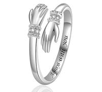 Sterling Silver Hug Rings for Women, Hugging Hands Adjustable Open Ring Engraved Words Ring Symbol of Love Sister Gifts, Perfect for Daughters Mom Wife Friends Mother's Day, Friendship Jewelry Gift
