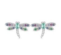 Sterling Silver Hypo Allegenic Cute Multi Coloured Crystal Studded Dragonfly Stud Earrings with a Butterfly Back