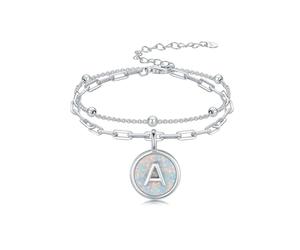 Sterling Silver Initial Bracelet for Women Opal Bracelet Letters A to Z October Birthstone Bangle for Girls Sister Daughter Mum Grandma Aunt