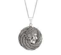 Sterling Silver Large Native American Chief Medallion Necklace for Men - 925 Silver American Indian Pendant on 18" Curb Chain - Biker With Apache Warrior in Traditional Headdress