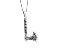 Sterling Silver Large Viking Battle Axe Necklace for Men and Women - 925 Silver Norse Warrior Pendant on 18" Curb Chain - Gothic Jewellery With Knotwork - Nordic Talisman
