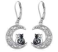 Sterling Silver Leverback Drop Earrings - Black Cat Dangle Jewelry for Women - Christmas & Birthday Gifts