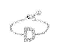 Sterling Silver Link Chain Ring Initial A-Z Letter Ring For Women Stackable Thumb Band Adjustable Cz Engagement Band Jewellery Gifts With Gift Box Letter D
