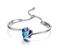 Sterling Silver Love Heart Adjustable Bangle Bracelet for Women with Crystals, Birthday Anniversary Jewellery Gifts for Mum Wife Girlfriend Her (Blue)