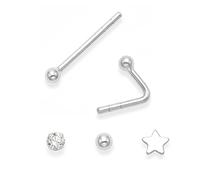 Sterling Silver NOSE STUDS x 3 SINGLE: Ball, Star & Round Cubic Zirconia - SIZES: 2mm & 3mm. BEND TO FIT - see second photo. 5180/5148/5549CL