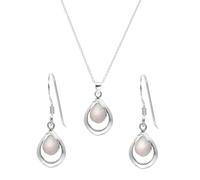 Sterling Silver Open Teardrop Jewellery Set for Women - 925 Silver Pear-Shaped MOP Drop Earrings - Minimalist Birthstone Earrings and Necklace - Gemstone Jewellery Gift