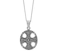 Sterling Silver Oval Celtic Cross Medallion Necklace for Men - 925 Silver Large Celtic Knotwork Triquetra Shield Pendant on 18" Curb Chain - Gothic Trinity Knot Jewellery for Women