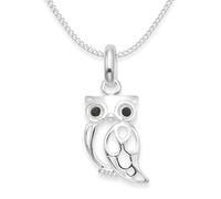 Sterling Silver Owl Necklace on Silver chain with black Cubic Zirconia eyes - SIZE: Small - 8mm x 14mm 8239BKZ./18