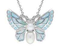 Sterling Silver Pearl Diamond Enamel Style & Fashion Butterfly Necklace - Silver CHS-097