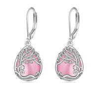 Sterling Silver Pink Opal Tree of Life Leverback Dangle Drop Earrings by CC
