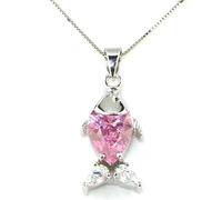 Sterling Silver Pink Stone set Pisces Fish Pendant Necklace