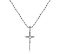Sterling Silver Plated Cross Necklace for Men Gold Plated Cross Necklaces for Women Trendy Stainless Steel Crucifix Pendant with 3mm 21inch Rope Chain, Stainless Steel, No Gemstone