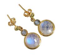 Sterling Silver Rainbow Moonstone Blue Topaz Peridot Stud Earrings for Women, Multicolor Round Cabochon Bezel Set Handmade Earrings, 10mm 3mm 2mm Gemstone Minimal Jewelry Gift