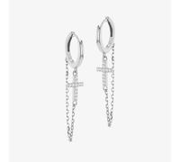 Sterling Silver Rhodium Plated Cubic Zirconia Chained Cross Creole Earrings 8.54.5086