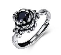 Sterling Silver Ring, 925 Sterling Silver Ring Simple Fashion Flower Black Zircon Retro Unique Open Adjustable Rings Jewellery Gifts For Boy Girl Men Womens