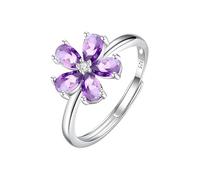 Sterling Silver Rings For Women Dainty Flower Gemstone Rings For Women Girls Statement Genuine Crystal Finger Band Adjustable Engagement Wedding Band With Box Amethyst
