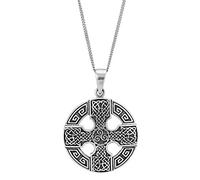 Sterling Silver Round Celtic Cross Medallion Necklace for Men - 925 Silver Large Disc Celtic Knotwork Pendant on Curb Chain - Triskele Jewellery for Women - Bold Irish Heritage
