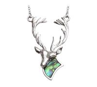 Sterling Silver Stag Head Necklace with Natural Paua Shell Inlay - 42mm Pendant on 18" Stainless Steel Trace Chain - Antlered Deer Jewelry in Gift Box