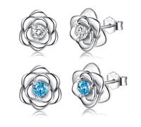 Sterling Silver Stud Earrings for Women, 2PCS Silver Flower Blue Cubic Zirconia Hypoallergenic Helix Cartilage Earrings Jewelry Gifts for Girls