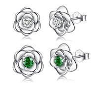 Sterling Silver Stud Earrings for Women, 2PCS Silver Flower Green Cubic Zirconia Hypoallergenic Helix Cartilage Earrings Jewelry Gifts for Girls