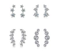 Sterling Silver Stud Earrings for Women, 4 Pairs Hypoallergenic Cubic Zirconia Flower Ear Climber Stud Cartilage Silver Earrings Set Multiple Piercings, Birthday Wedding Christmas Gifts