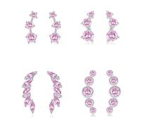 Sterling Silver Stud Earrings for Women, 4 Pairs Hypoallergenic Pink Cubic Zirconia Flower Ear Climber Stud Cartilage Silver Earrings Set Multiple Piercings, Birthday Wedding Christmas Gifts