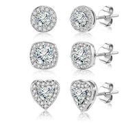 Sterling Silver Stud Earrings for Women Cubic Zirconia Halo Round Heart Square Diamond Large Silver Stud Set CZ Studs Earrings for Women Jewelry Stud Earring