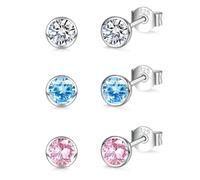Sterling Silver Stud Earrings for Women Girls, 3 Pairs Small Clear Blue Pink CZ Stud Earrings Set | Hypoallergenic Tiny Sleeper Cartilage Tragus Earring Multiple Pirercings for Teens Kids, 4mm*3