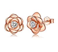 Sterling Silver Stud Earrings for Women, Rose Gold Flower Cubic Zirconia Hypoallergenic Helix Cartilage Earrings Jewelry Gifts for Girls