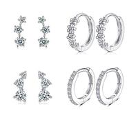 Sterling Silver Stud Hoop Earrings for Women, 4 Pairs Hypoallergenic Cubic Zirconia Flower Ear Climber Stud & Olive Leaves Huggie Hoop Earrings Set Multiple Piercings, Birthday Wedding Gifts Christmas