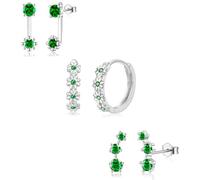 Sterling Silver Studs Earrings Set for Women, 3 Pcs Small Cartilage Earrings with Green Cubic Zirconia | Hypoallergenic Silver Flower Daisy Hoops & Studs Earring Jewellery Set Ladies Girls Gifts