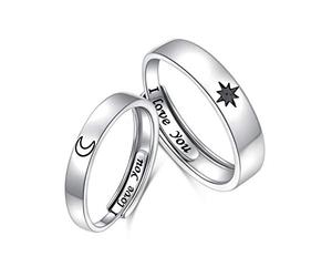 Sterling Silver Sun and Moon Matching Engagement Rings - His and Hers Adjustable Promise Rings for Lovers