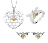 Sterling Silver Swarovski Crystal Enamel Bee In Beehive Three Piece Set